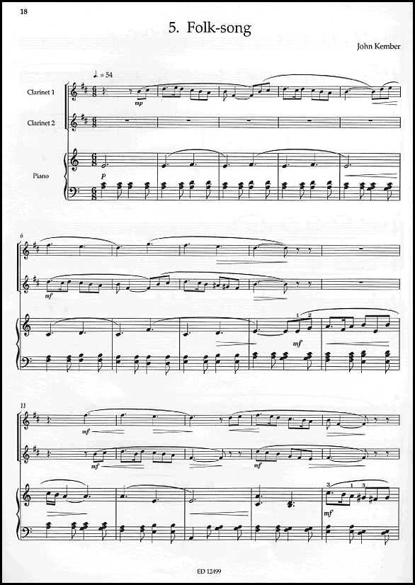 A sample page from The Ensemble Collection 1: 7 Pieces for 2 Clarinets and Piano
