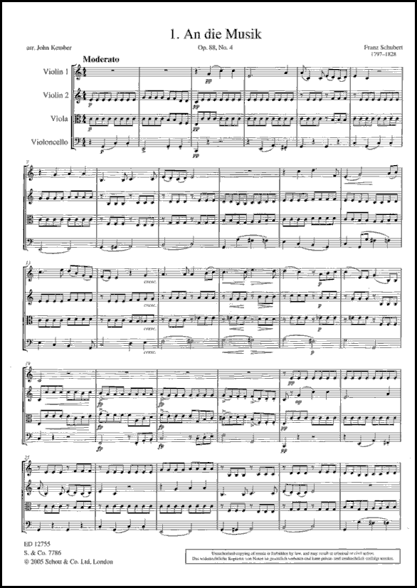 A sample page from An die Musik - 9 Classical Pieces arranged for String Quartet